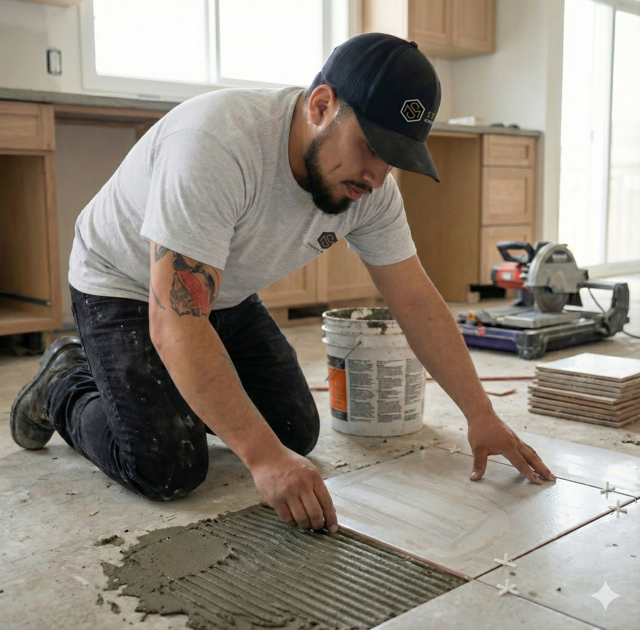 Stephen McGuire installing tile flooring